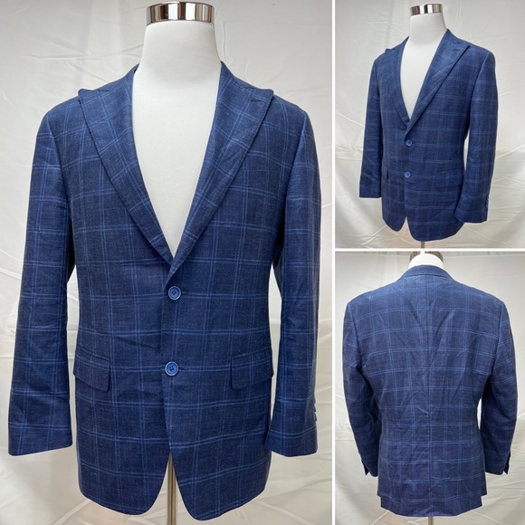 Greiner's Custom Wool/Silk/Linen Blend Blue Windowpane Plaid Blazer Jacket 38S - Picture 5 of 9